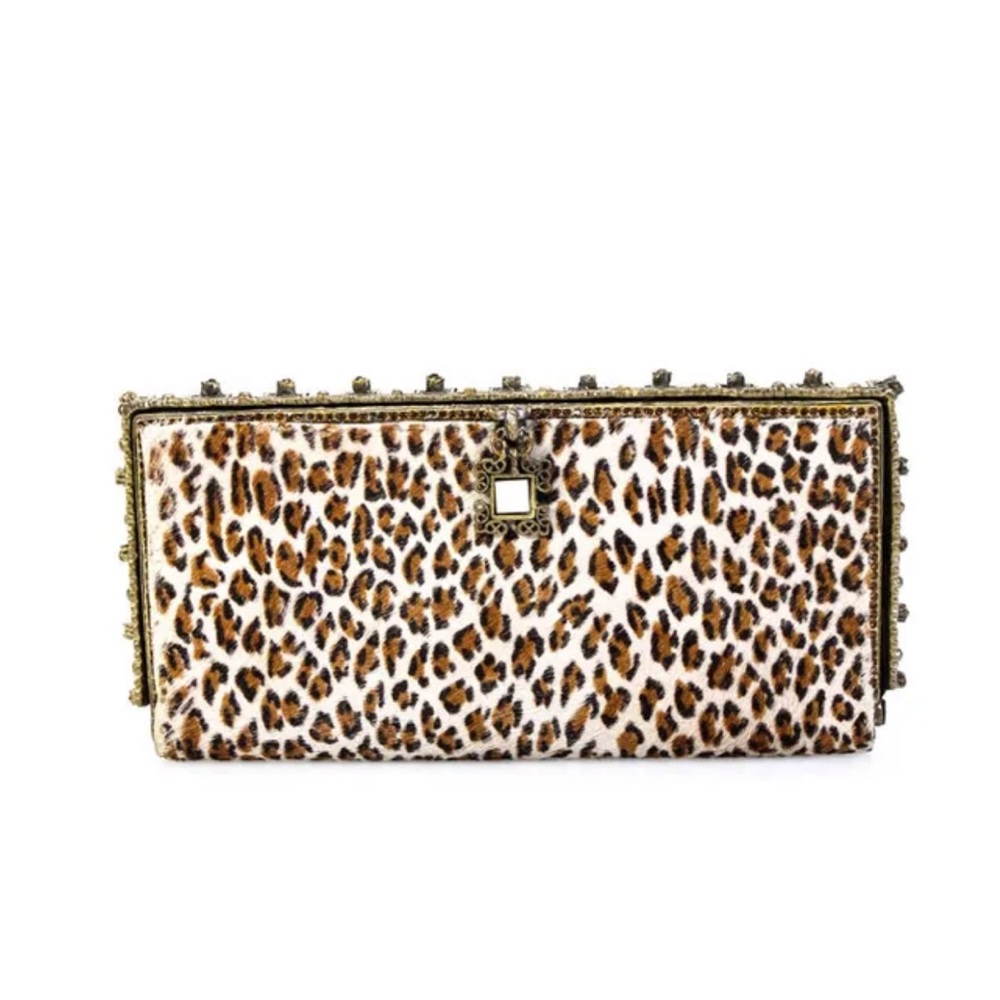 CLARA KASAVINA pony hair leopard print embellished clutch pochette bag